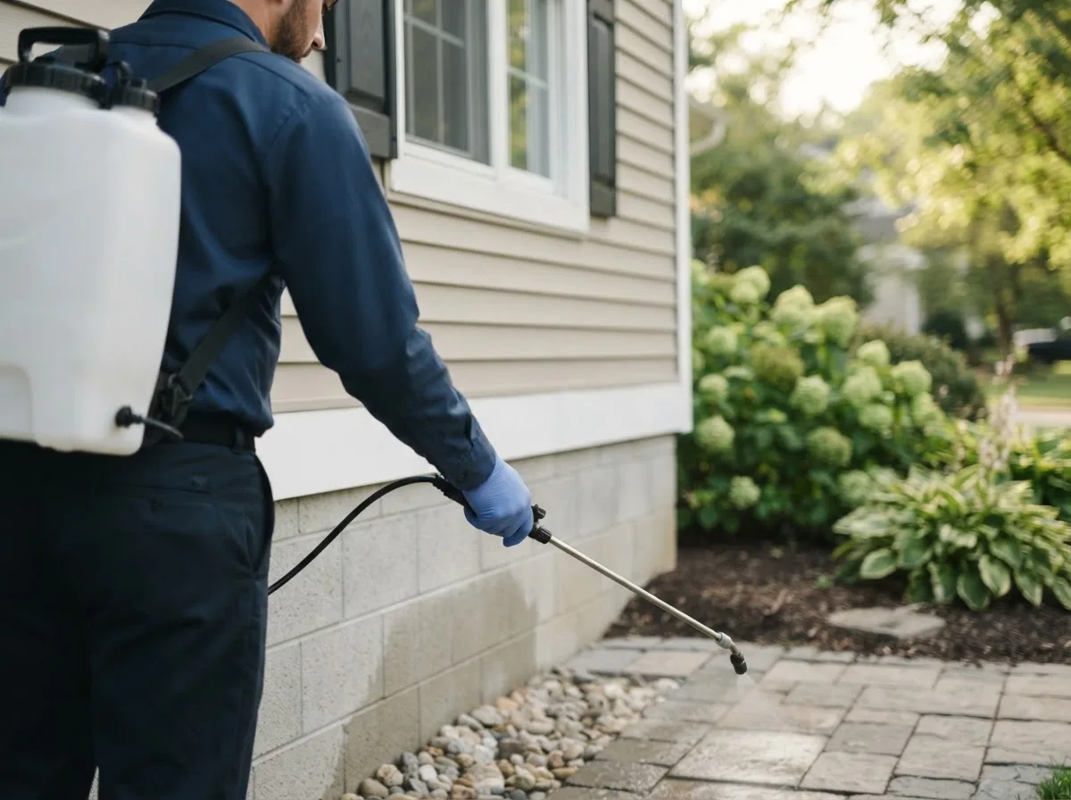 Pest control technician inspecting a home in Harris, MO